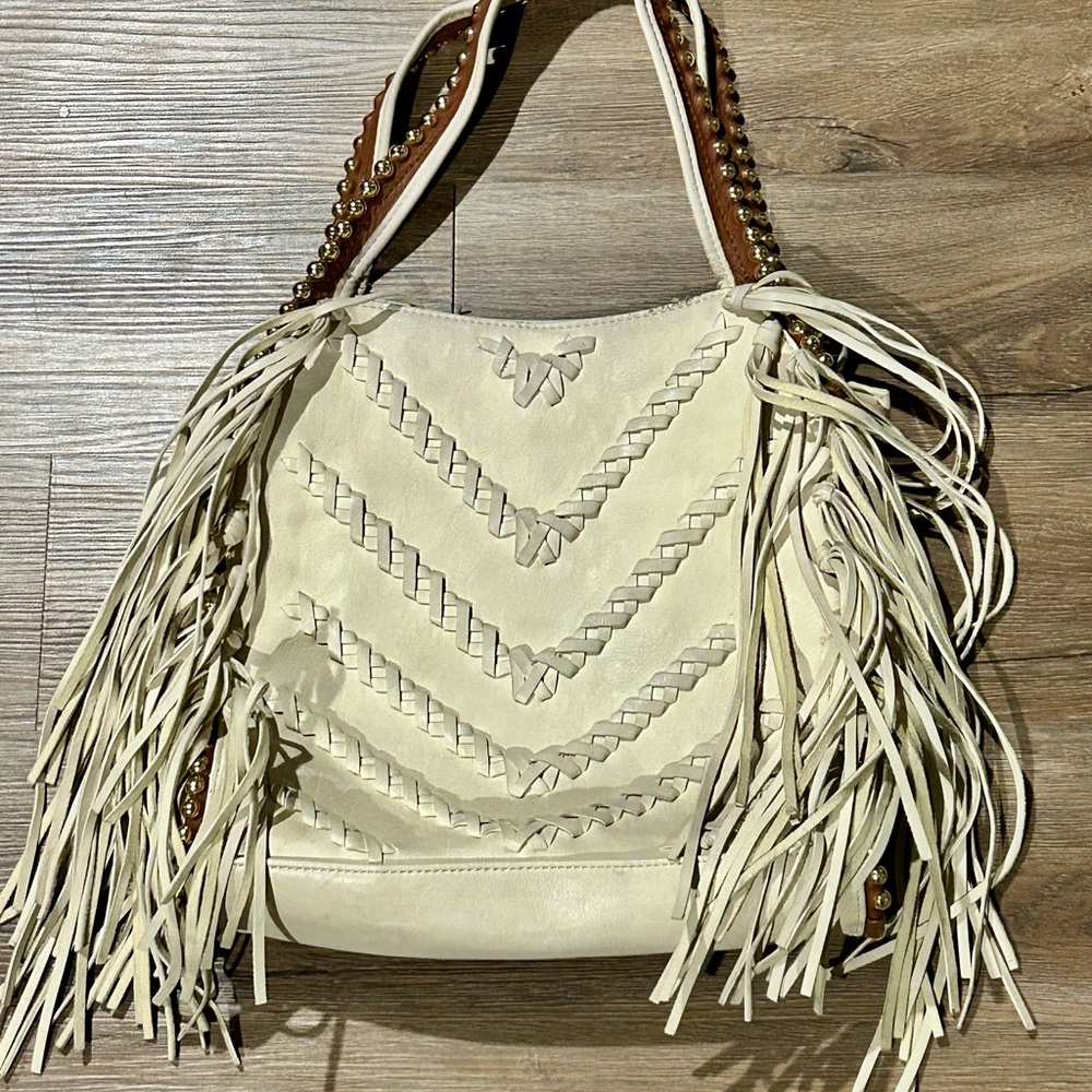 Big Buddha Fringe Shoulder Bag; Cream Faux Leather; Braid/Gold Bead Detail